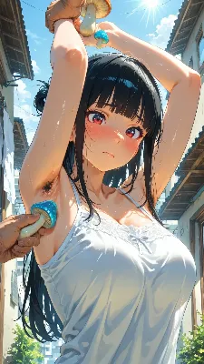 汗に濡れた腕の下でキノコが微笑む