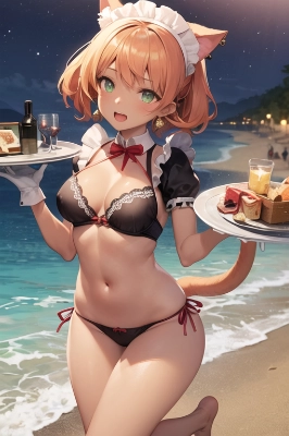 夜のビーチで働くメイドさん