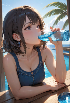 お題：水（コップの水を飲む少女）