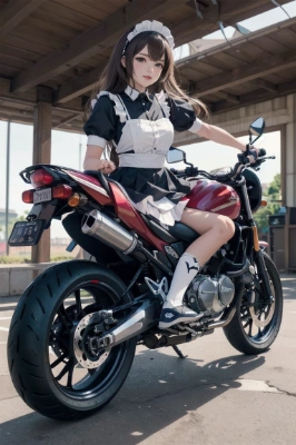 バイクに跨るメイド