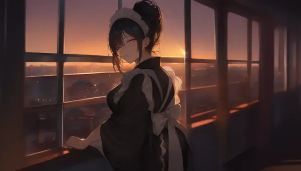夕陽に包まれるメイドの静かな一時