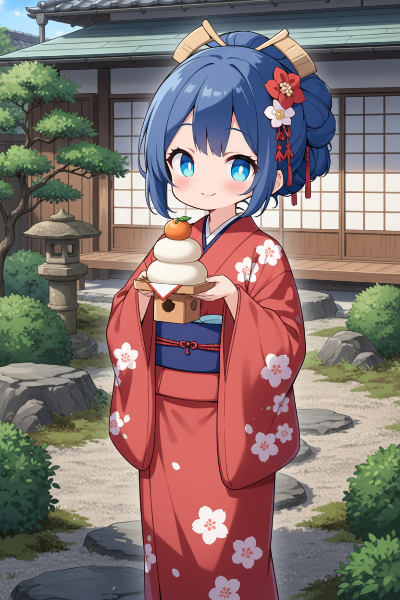 鏡餅を持つ着物姿の少女