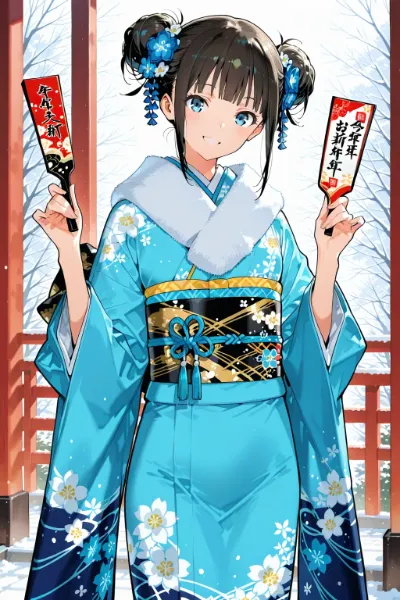 雪舞う神社で羽子板