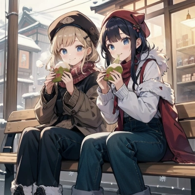 初詣帰り、温かい餅菓子を食べる