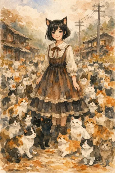 猫街の秋風に舞う少女