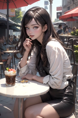 eating sweets on cafe terrace
