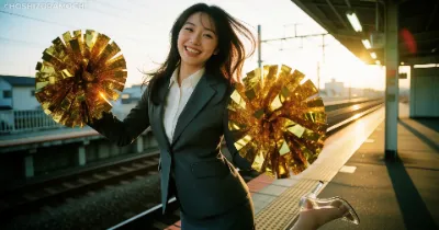 夕暮れの駅ホームでエールを！スーツ×金色のポンポンが織りなす青春ノスタルジー