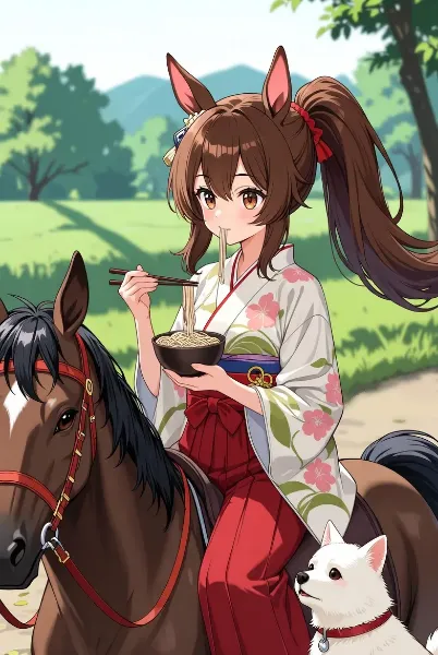 馬に乗ってそばを食べる馬耳系女子と多分足がめっちゃ長い犬