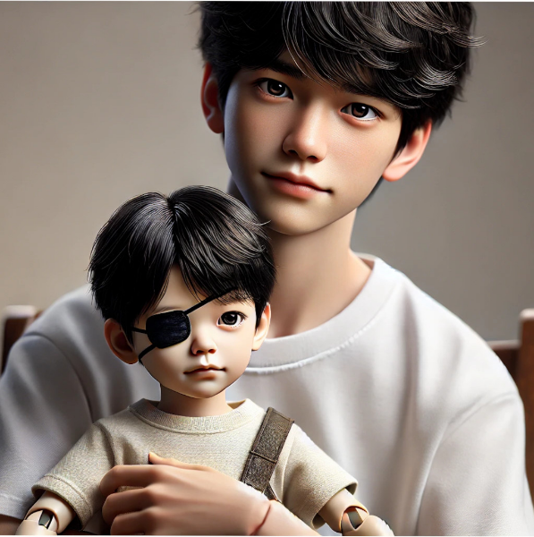 眼帯をつけた人形を抱く少年