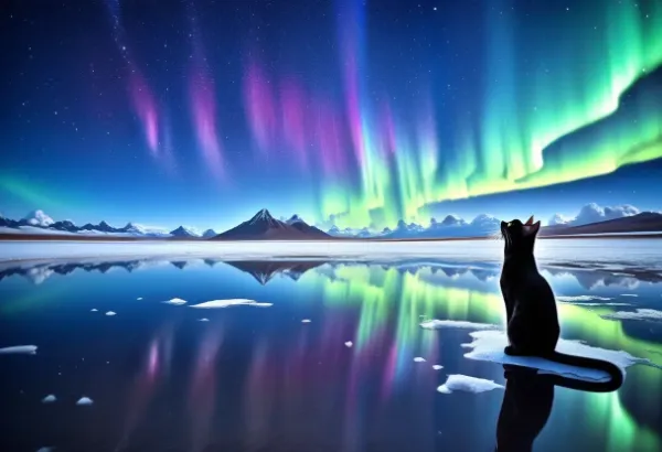オーロラに魅せられた黒猫