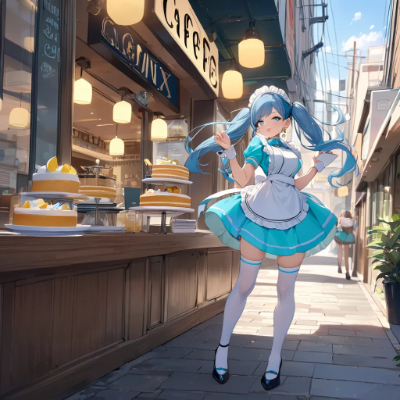 お昼の青髪ウエイトレスさん