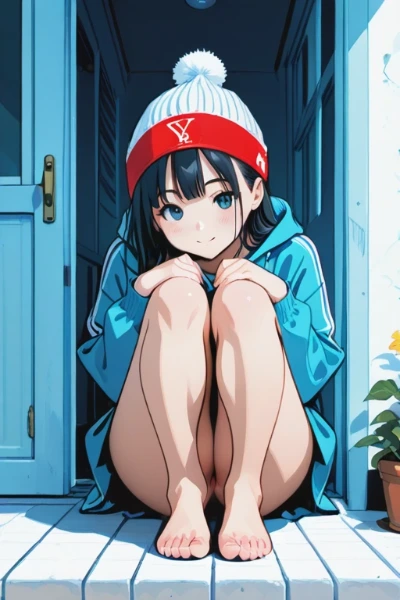 冬の朝、青い扉の秘密の微笑み