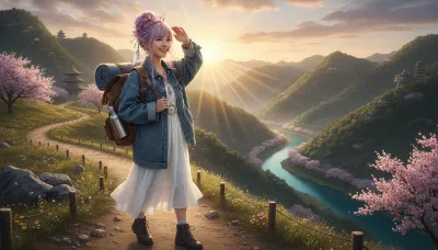 夕陽の桜道を越える旅の少女