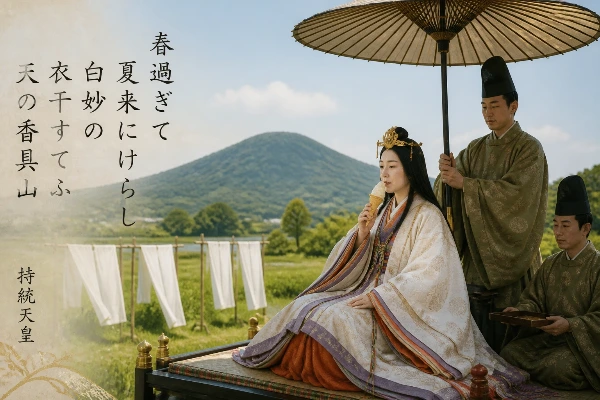 春過ぎて夏来にけらし白妙の衣干すてふ天の香具山ー持統天皇