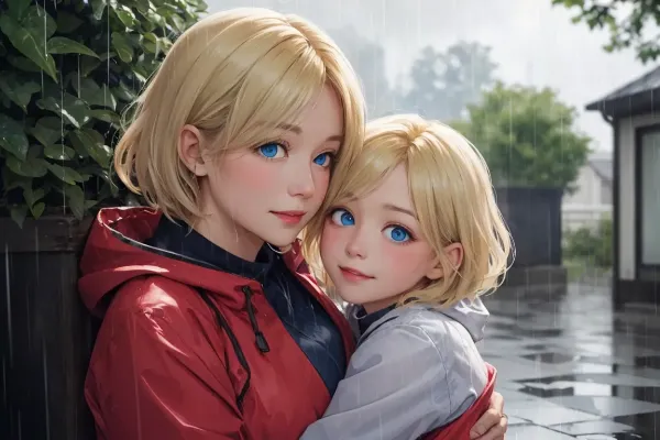 雨の日の金髪母娘