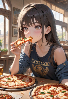 お題：ピザ（ピザを食べる少女）