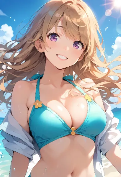夏の海で輝く、彼女の笑顔