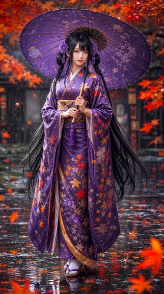 紅葉の雨と紫の着物の美少女