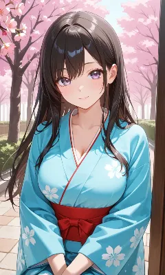 桜舞う浴衣の微笑み