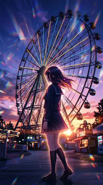 夕景の逆光に溶ける、女子高生