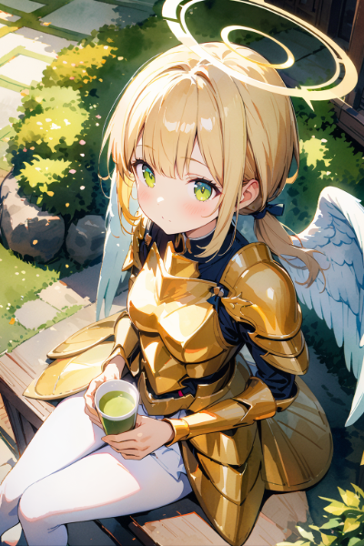 お茶を飲んで一息つく天使