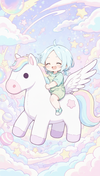 ペガサスのぬいぐるみに跨がる女の子