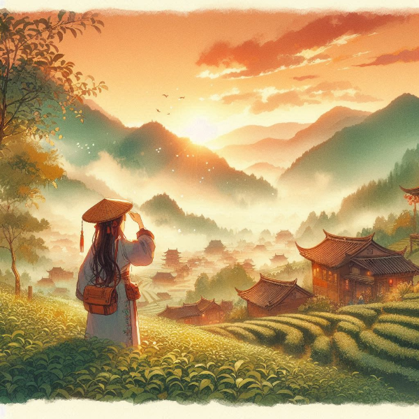 夕暮れ時の茶畑