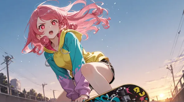 夕焼け街を駆け抜けるピンクの風