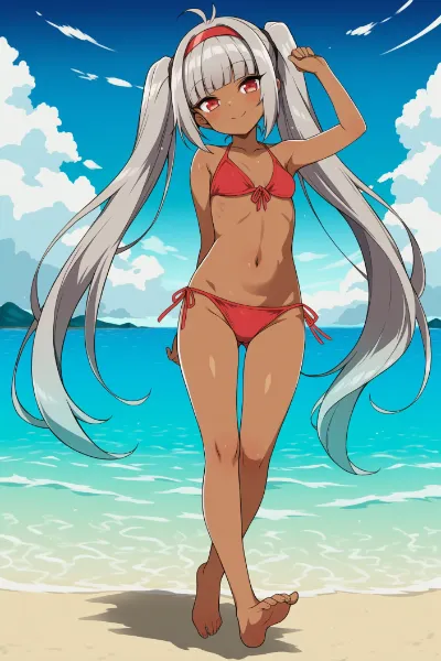 季節はずれ？の赤ビキニな褐色娘さん