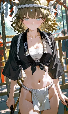 金髪セミショートウェーブ　褌