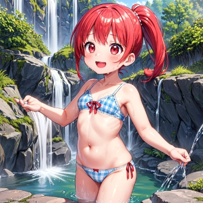 赤髪ポニーテールな娘が下着姿で川遊び