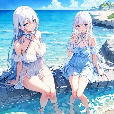 二人でビーチ