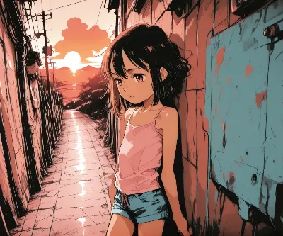 夕焼けの路地で
