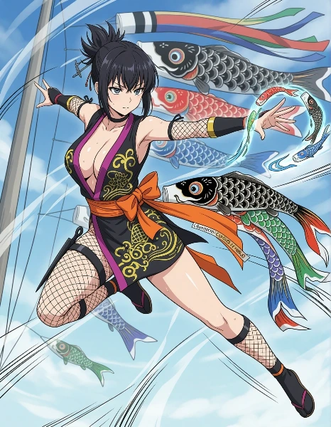 鯉のぼりと舞う黒髪の戦士