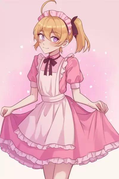 ピンクのメイド服の男の娘