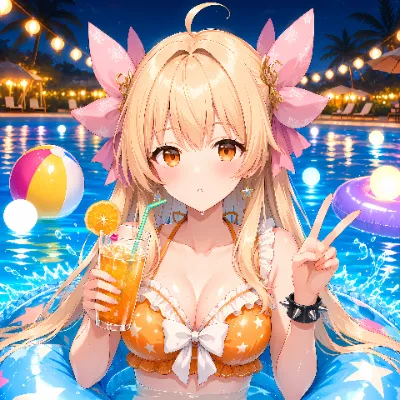ナイトプールでジュース乾杯
