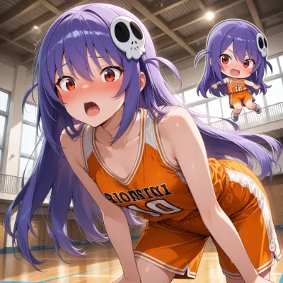 汗に濡れた紫髪のバスケ少女