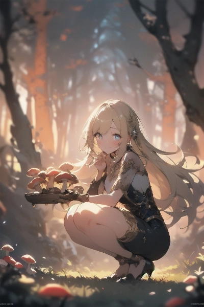 森で採取する金色の髪の少女