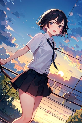 夕焼けとスッキリした少女