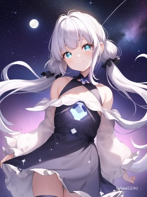 笑顔の少女と宇宙の星々が眩しい