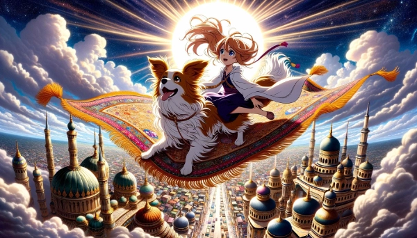 魔法の絨毯に乗る少女と犬。