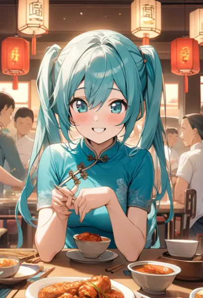 中華料理を食べるミクちゃん