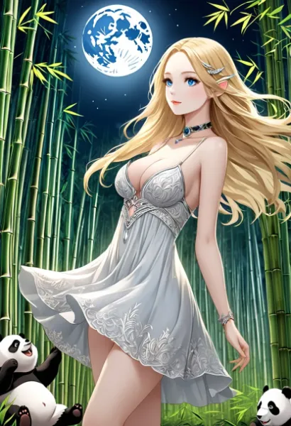 月夜の竹林でパンダと出会う銀の妖精