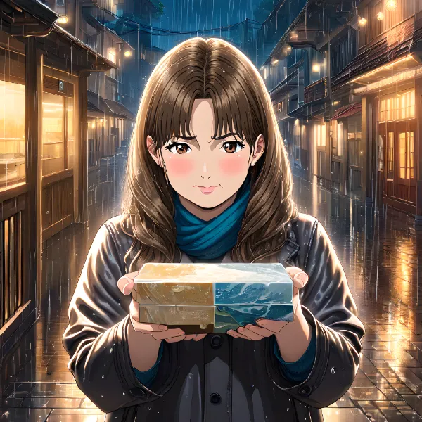 雨の夜に箱を差し出す少女