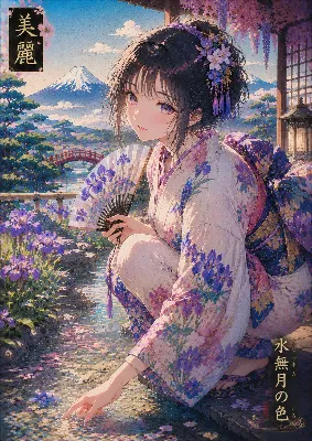 水無月の水辺で、富士を仰ぐ少女