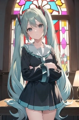 ステンドグラス前の初音ミク