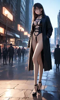 夜の街に立つ黒衣の女性