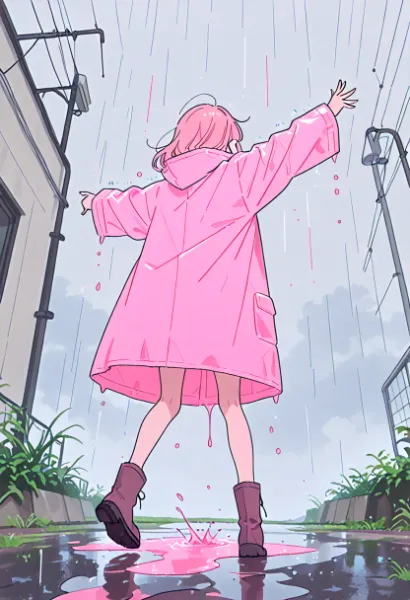 ピンクの雨に溶け込む少女の冒険