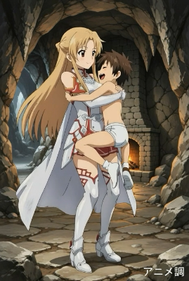 ダンジョンで迷子になっていた少年がアスナに興奮してしまい仕方なくキリトに内緒で洞窟まで連れて行きセックス以外の方法で少年をハグ射精♡