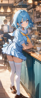 カフェでくつろぐ青髪さん